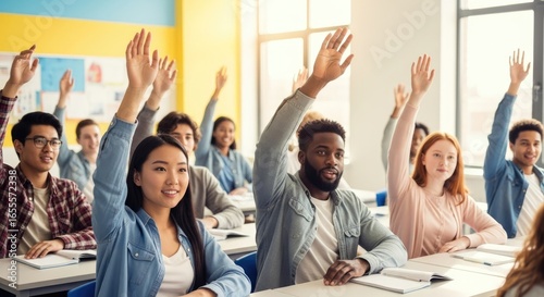 A diverse group of students raising their hands in a classroom setting.