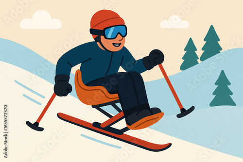 Flat cartoon athlete using mono-ski for snow sports vector illustration