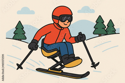 Flat cartoon athlete using mono-ski for snow sports vector illustration
