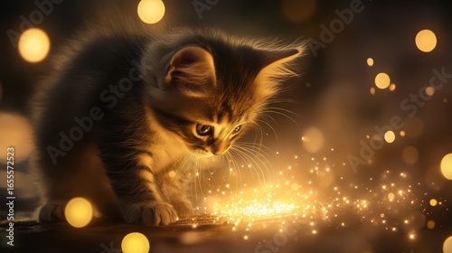 Fluffy kitten, its fur like spun starlight, batting playfully at a glowing mote, soft, magical lighting