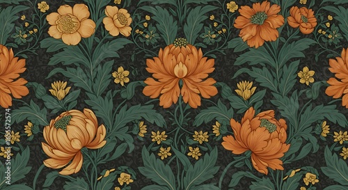 Seamless Vintage Poppy Flower Pattern with Green Leaves and Orange Blooms in Arts and Crafts Style