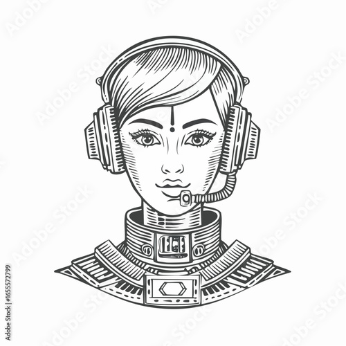 Cyberpunk girl vintage engraving sketch illustration with detailed retro line art of a futuristic female character in dystopian style, perfect for sci fi themes, cyberpunk artwork, vintage 