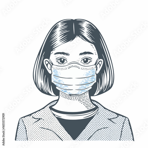 Girl with mask vintage engraving sketch illustration with detailed retro line art of a mysterious female figure, perfect for fantasy themes, masquerade artwork, vintage portrait prints, cultural 