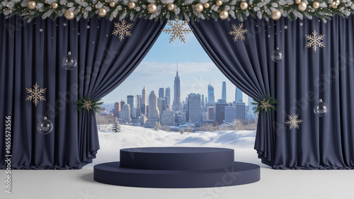 Fototapeta Naklejka Na Ścianę i Meble -  Festive christmas scene with new york city skyline behind curtains and decorations