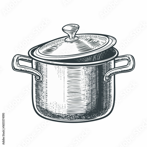 Metal saucepans with lid vintage engraving sketch illustration with detailed retro line art of classic cookware, perfect for culinary themes, kitchenware designs, vintage cooking prints, restaurant 