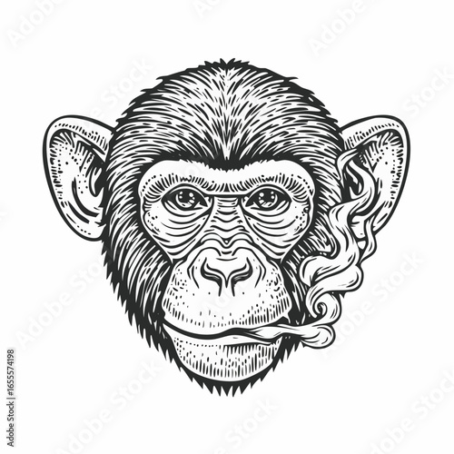 Monkey with smoke vintage engraving sketch illustration with detailed retro line art of a primate surrounded by smoke, perfect for fantasy themes, vintage animal prints, surreal artwork, 