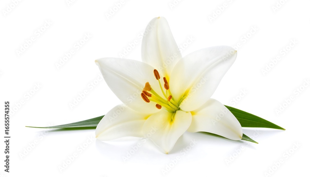 Fototapeta premium Single white lily with green leaf