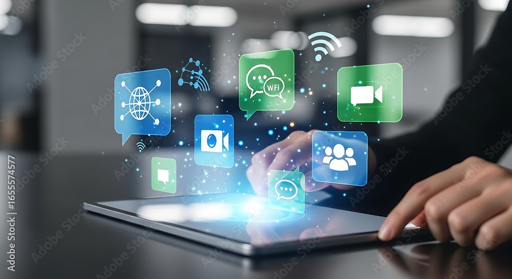 Fototapeta premium Finger tapping tablet with glowing social media icons, communication and technology concept