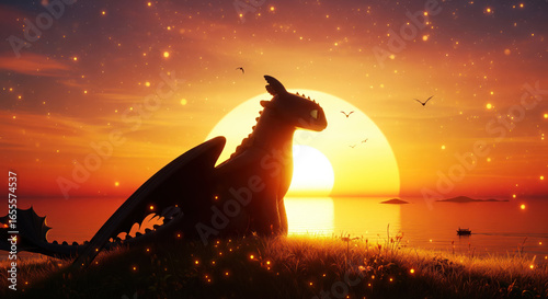 silhouette of a toothless dragon on a sunset background