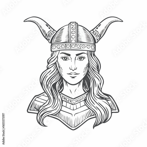 Valkyrie vintage engraving sketch illustration with detailed retro line art of a warrior maiden from Norse mythology, perfect for mythology themes, Viking artwork, vintage cultural prints, 