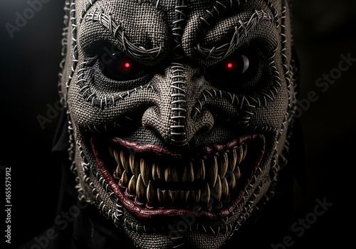 Terrifying evil monster with glowing red eyes in a stitched burlap mask on a dark background