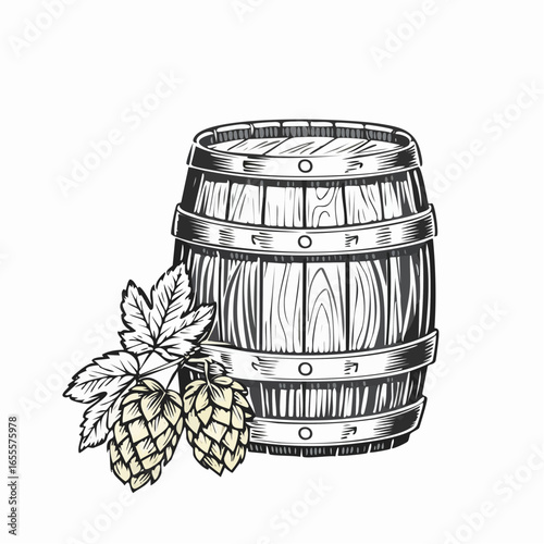 Wooden barrel and hop plant to brew craft beer vintage engraving sketch illustration with detailed retro line art of traditional brewing elements, perfect for beer themes, brewery artwork, 