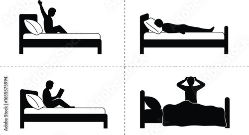 Silhouette of People in Bed Doing Activities Like Sleeping, Waking Up, Reading, Morning Routine, Bedtime Postures, Relaxation, Home Lifestyle, Vector Illustration