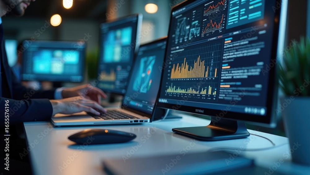 Fototapeta premium Multiple computer screens display data visualizations.