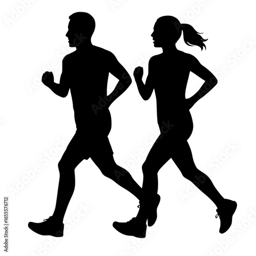 Silhouette of Two People Running Side by Side Vector Illustration