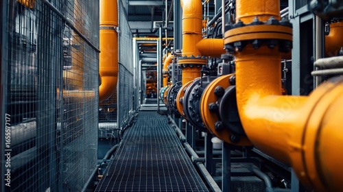 A long, narrow, industrial hallway with yellow pipes and black grating flooring. The scene is industrial, with a focus on the mechanical equipment and the industrial setting.