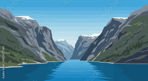 Pixelated landscape of tall rocky mountains flanking a body of water under a light blue sky