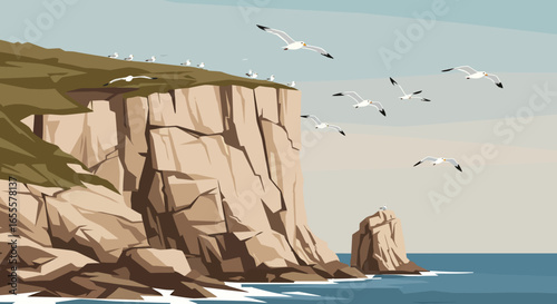 Rocky cliffs meet the ocean with seagulls flying above and perched on the cliffs