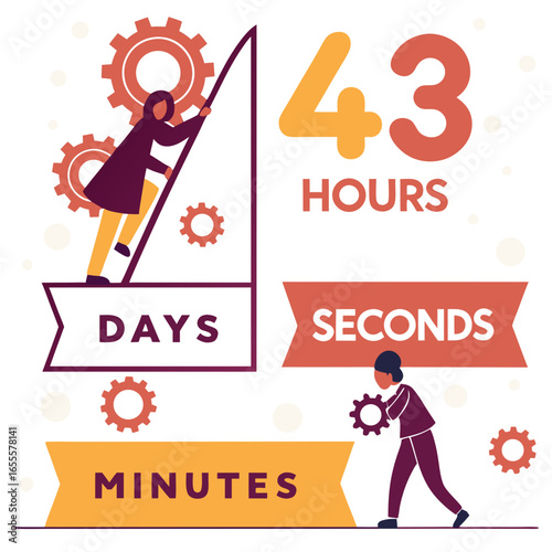 Countdown timer illustration with days, hours, minutes, and seconds, featuring people working on gears to meet a deadline isolated on white background