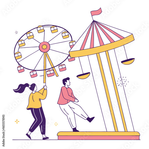 Couple enjoying ferris wheel and carousel ride isolated on white background, showcasing funfair attraction and romantic date