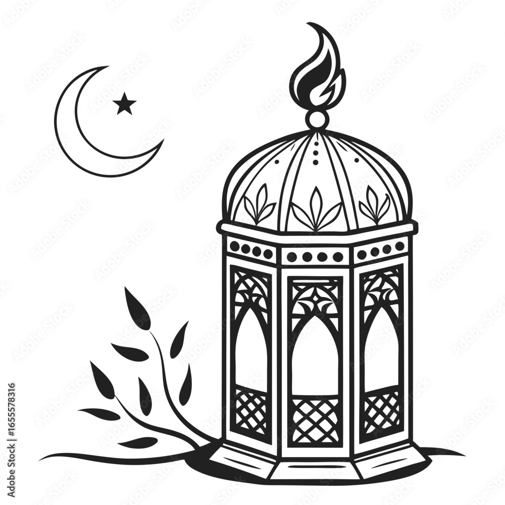 Naklejka premium Illustration of a ramadan lantern with moon and star isolated on white background, perfect for islamic celebrations and cultural designs