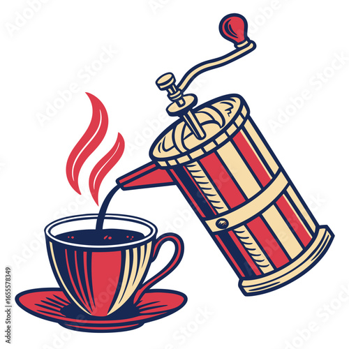 Illustration of a vintage coffee grinder pouring into a cup isolated on white background, perfect for a cozy morning or relaxing break