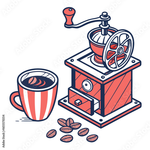 Illustration of a vintage coffee grinder and cup isolated on white background, perfect for a cozy morning or relaxing break