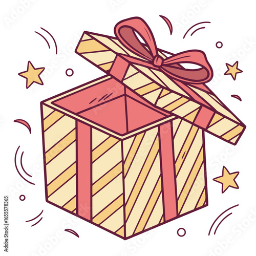 Illustration of an open gift box with ribbon and stars isolated on white background, perfect for birthdays or celebrations