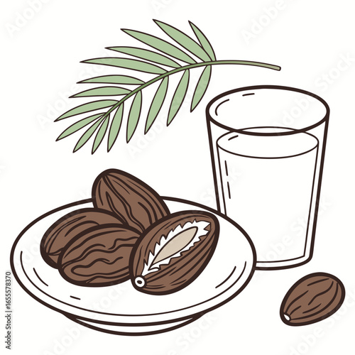 Illustration of dates, milk, and palm leaf, a traditional food and drink for iftar during ramadan, isolated on white background