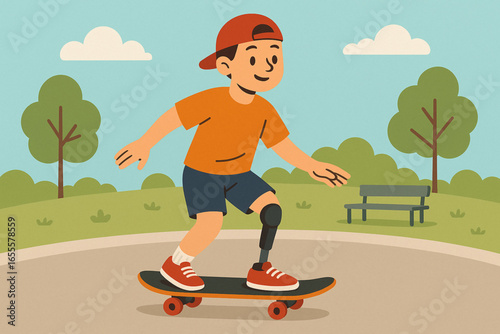 Flat cartoon amputee skateboarding at park vector illustration
