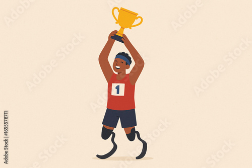 Flat animated para-athlete lifting trophy vector illustration