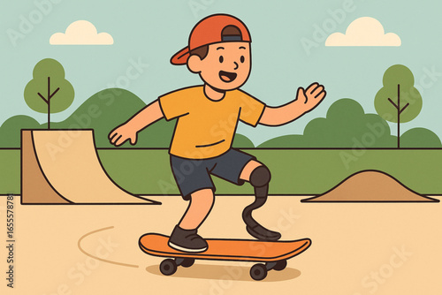 Flat cartoon amputee skateboarding at park vector illustration