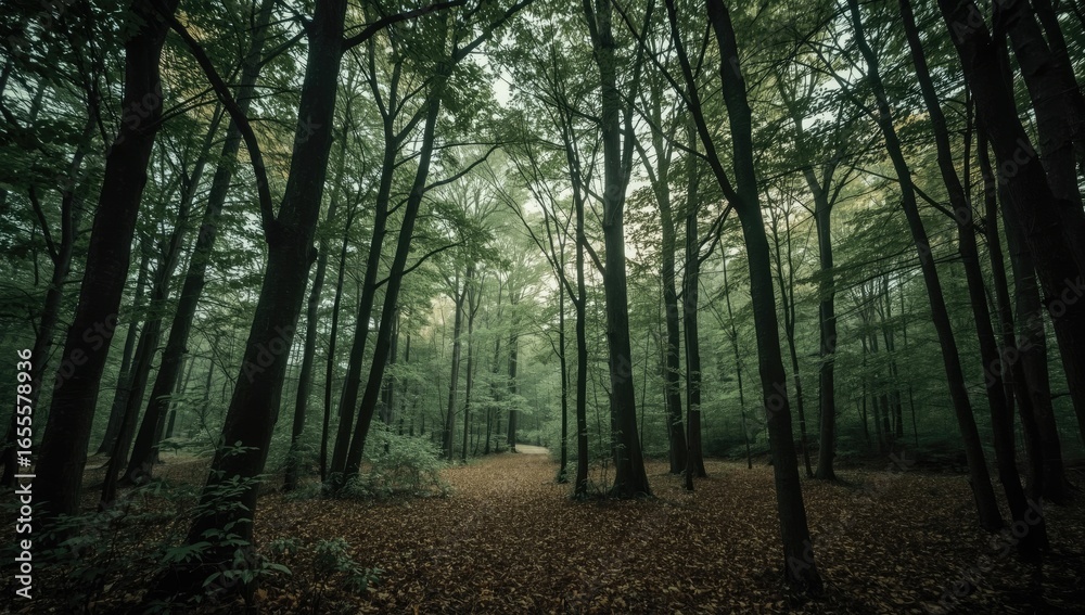 Obraz premium A dense forest pathway on a misty day.