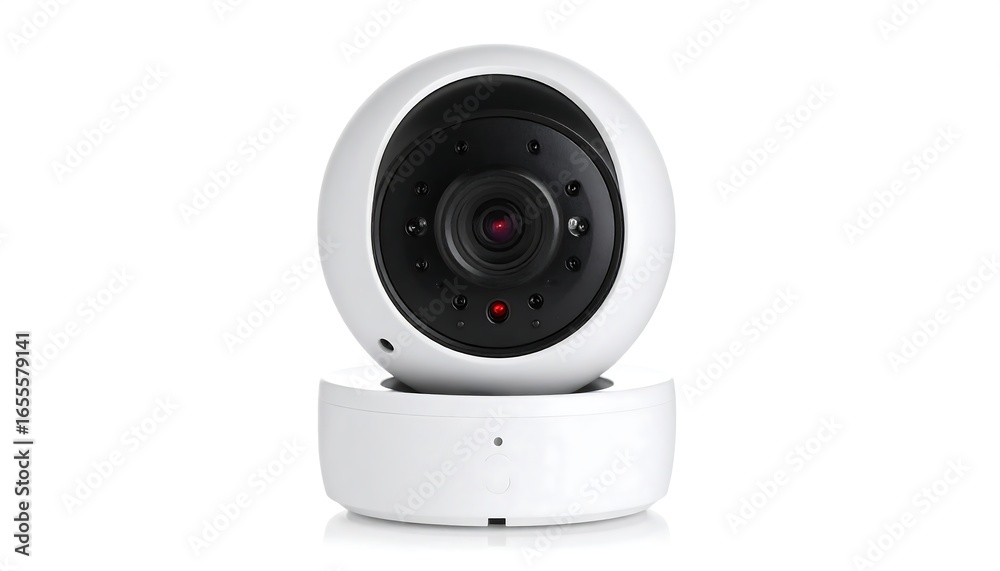 Fototapeta premium White spherical security camera on a base, isolated on white background