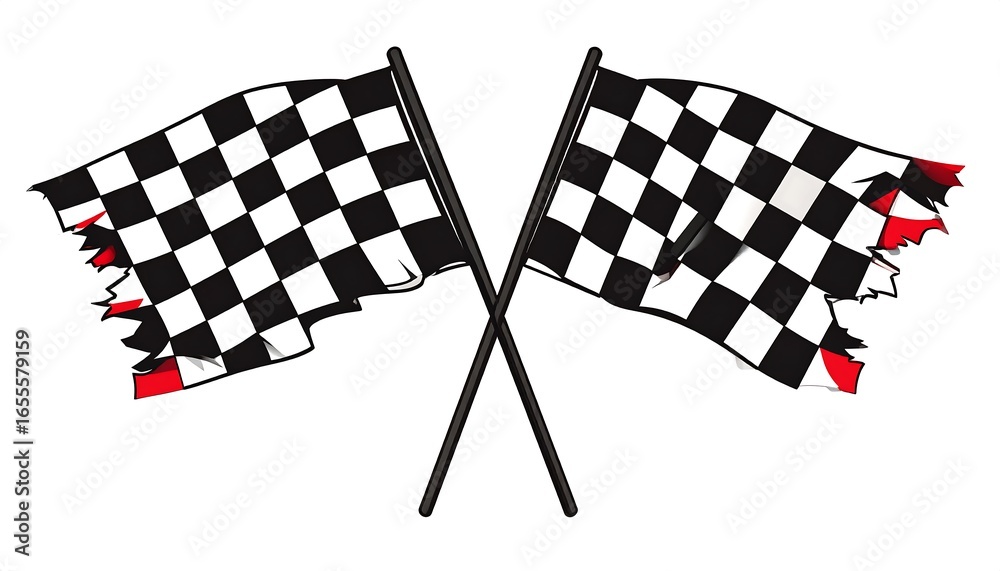 Fototapeta premium Two tattered checkered flags crossed, showing wear and tear