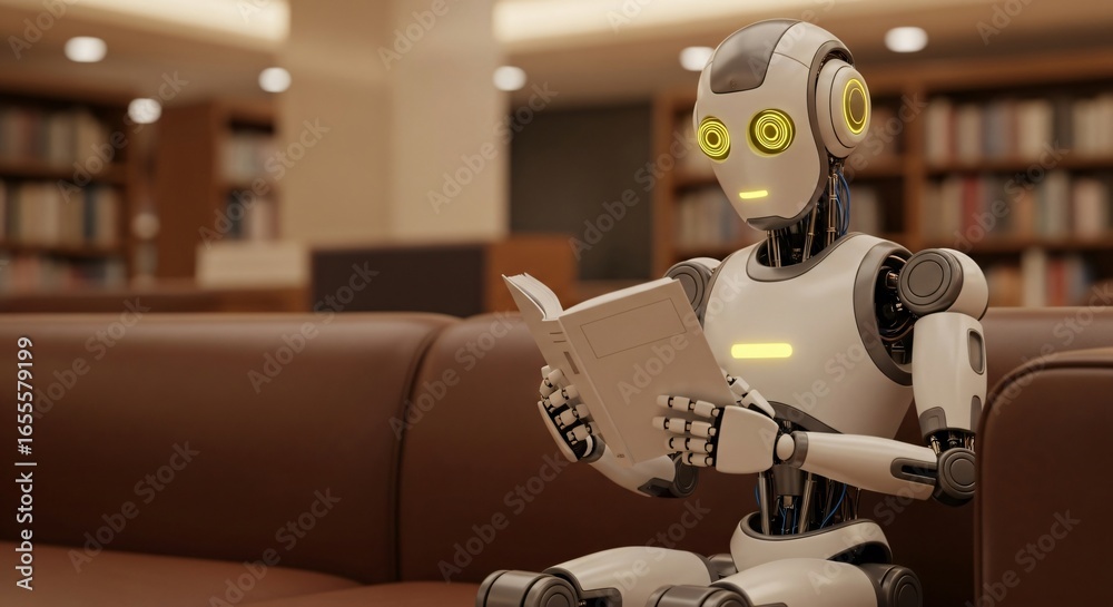 Fototapeta premium Robot engrossed reading book on sofa in library