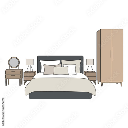 Modern bedroom interior with a bed, sofa, and stylish decor