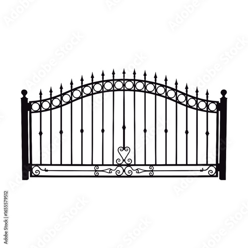 Elegant black wrought iron driveway gate with decorative scrollwork.
