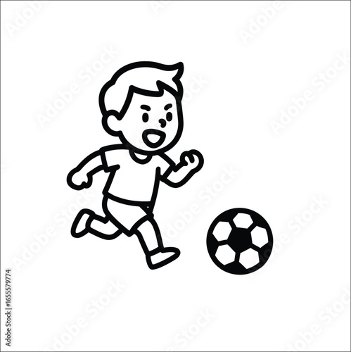 Cute cartoon boy playing soccer, kicking a football