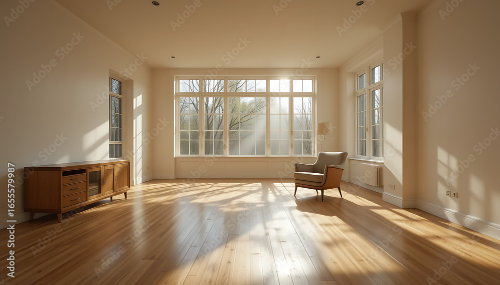 Fototapeta premium Spacious Minimalist Living Room with Wooden Floor and Sunlight