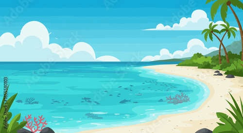 Tropical beach scene with palm trees white sand blue ocean and fish