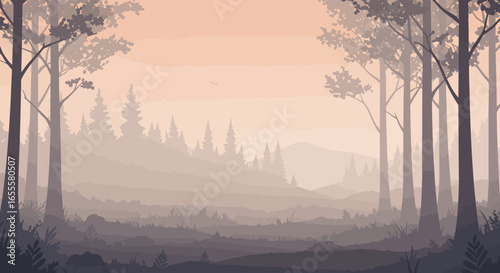 Vectorstyle misty forest scene with trees silhouetted against a soft dusky sky