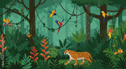 Vivid jungle scene with a jaguar macaws lush plants  tall trees