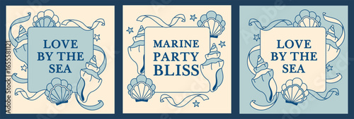 Marine-themed square frame set with romantic blue seashell designs. Perfect for social media posts, greetings, or ads with copy space. Ideal for nautical marketing or decorative projects