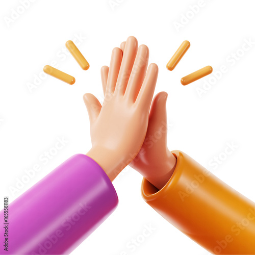 3d icon of two 3d cartoon hands giving a high five, isolated on transparent background