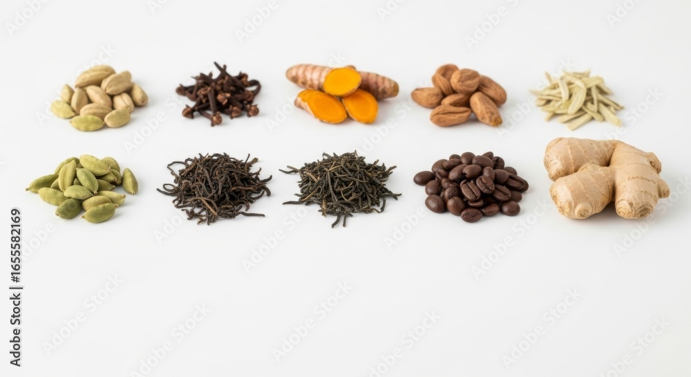 Obraz premium Assortment of spices, herbs, and coffee beans on white background