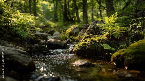 Nature theme, a mountain stream flowing gently, moss and ferns growing around, sunlight filtering through leaves creating light spots, background is dense forest 