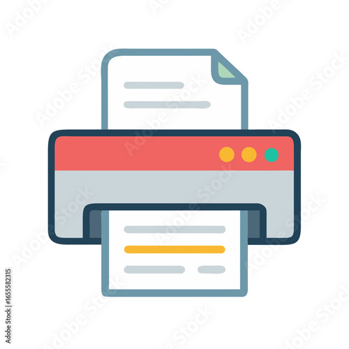 Modern flat icon illustration of a printer machine printing documents with clean lines and simple design