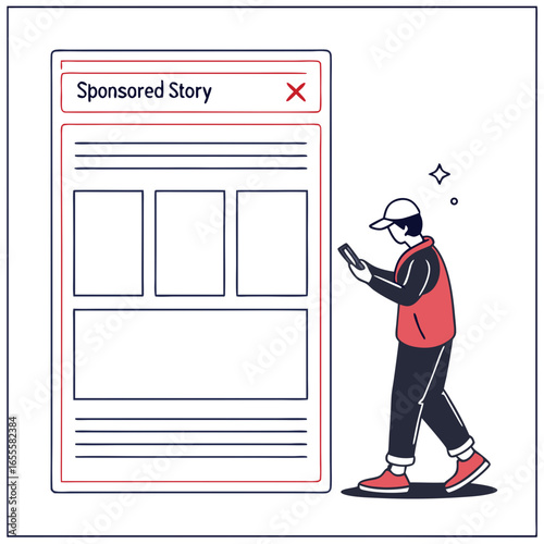 Person using a mobile phone to view a sponsored story advertisement on a digital platform