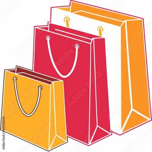 Three colorful shopping bags in red orange and white with handles arranged in a staggered composition